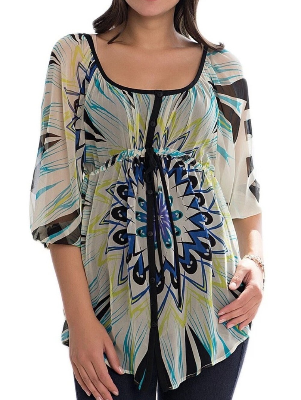 NWT Olian Maternity 100% Silk Blouse Button Up Drawstring Sheer Top